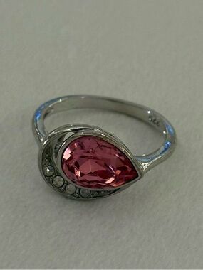 Swarovski 925 Sterling Silver Pear Pink Crystal Statement Ring Size 6.25